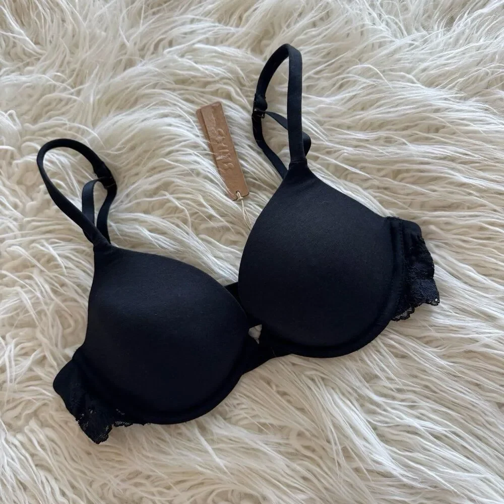 Skims Cotton Lace Lightly Lined Plunge Bra Onyx Size 34B - Picture 2 of 8